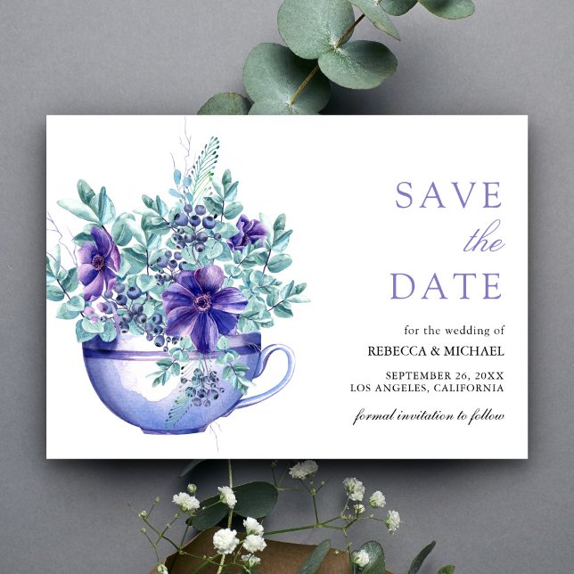 Purple Watercolor Anemones Tea Cup Wedding Save The Date (Creator Uploaded)