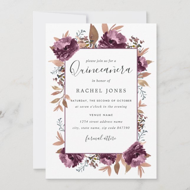 Purple Watercolor Bloom Quinceanera Invite (Front)