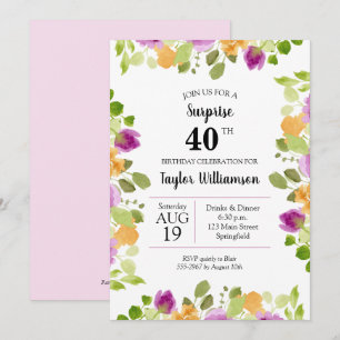 Purple Watercolor Blooms Birthday Invitations