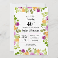 Purple Watercolor Blooms Birthday Invitations