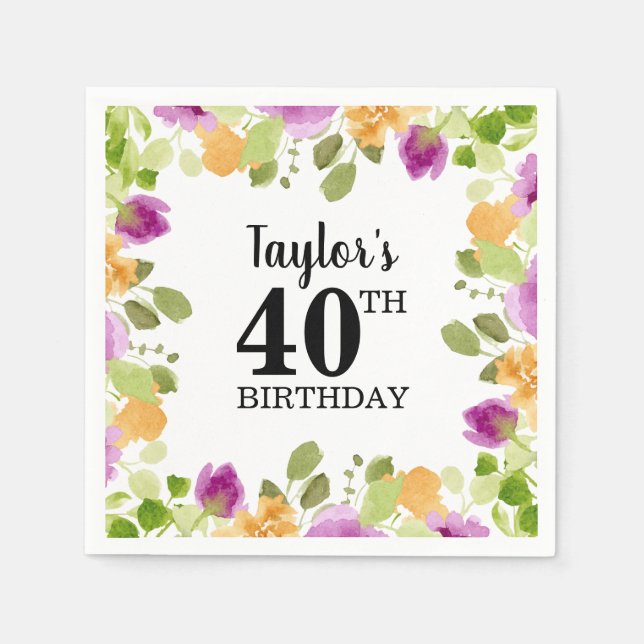 Purple Watercolor Blooms Floral Birthday Napkin (Front)