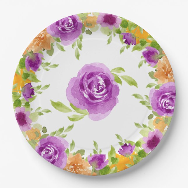 Purple Watercolor Blooms Floral Paper Plate (Front)