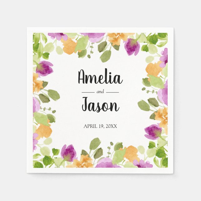 Purple Watercolor Blooms Floral Wedding Napkin (Front)