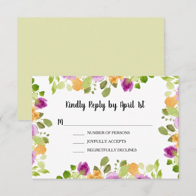 Purple Watercolor Blooms Wedding Reception Enclosure Card (Front/Back)