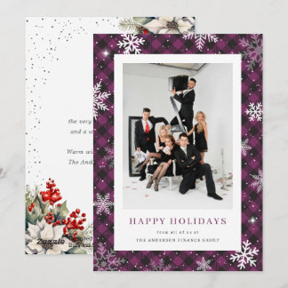 Purple Watercolor Botanical Photo Business Holiday Card