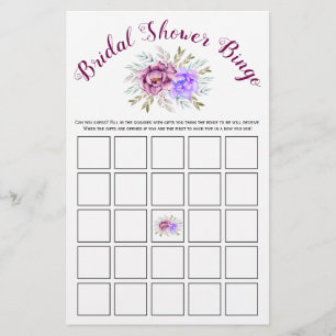 Purple watercolor  bridal shower bingo game card