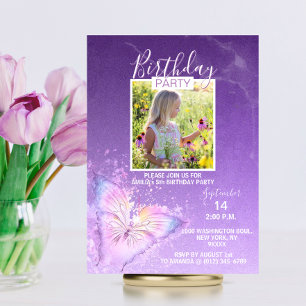 Purple Watercolor Butterfly Girl Birthday PHOTO Invitation