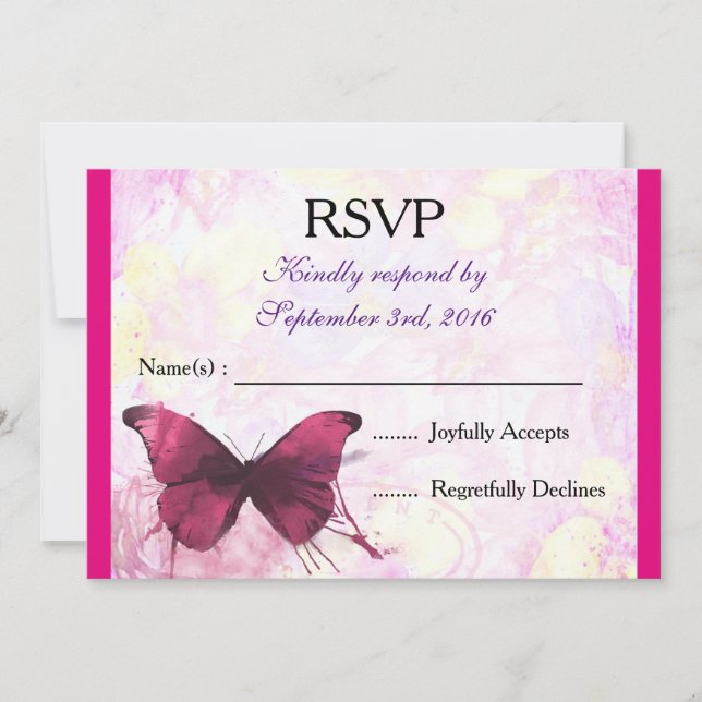 Purple Watercolor Butterfly on Pink RSVP Invitation (Front)