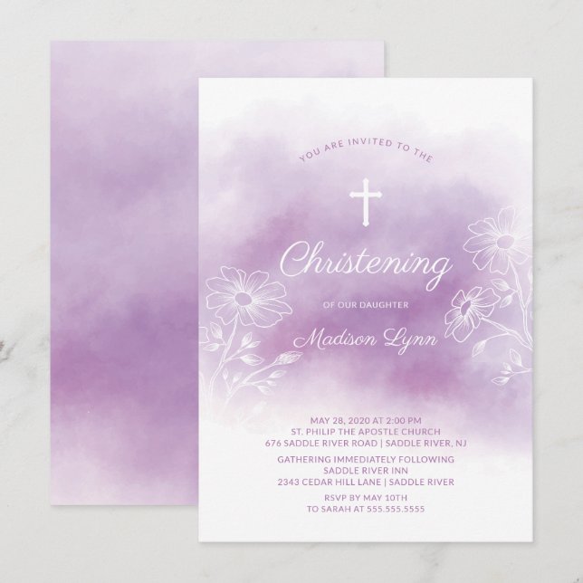 Purple Watercolor Christening Baptism Invitation (Front/Back)