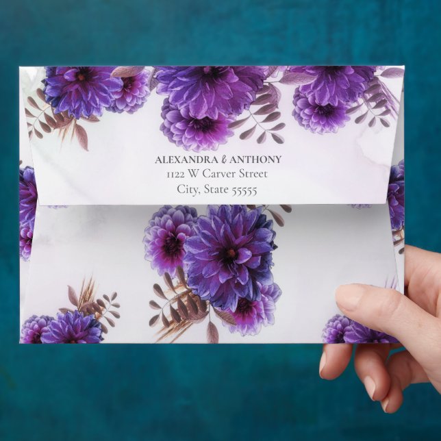 Purple Watercolor Chrysanthemum Wedding Envelope (Hand)