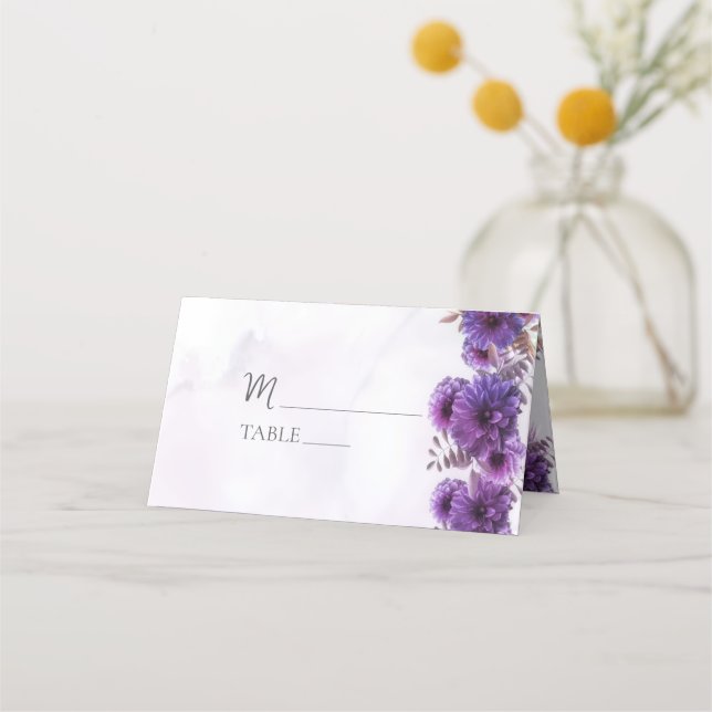 Purple Watercolor Chrysanthemum Wedding Place Card (Front)
