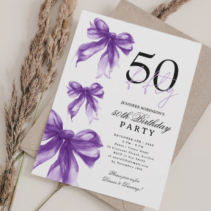 Purple Watercolor Coquette Bow 50th Birthday Party Invitation