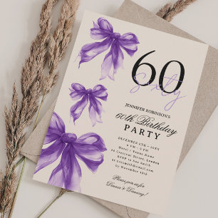 Purple Watercolor Coquette Bow 60th Birthday Party Invitation
