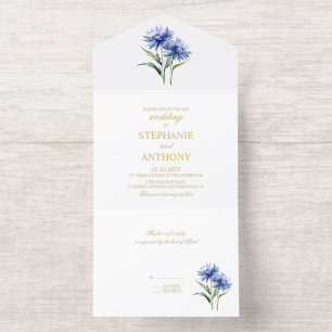 Purple Watercolor Cornflower WIldflower Wedding All In One Invitation
