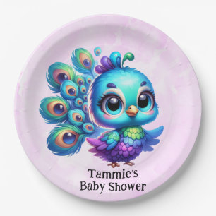 Purple Watercolor Cute Peacock Girl Baby Shower Paper Plate