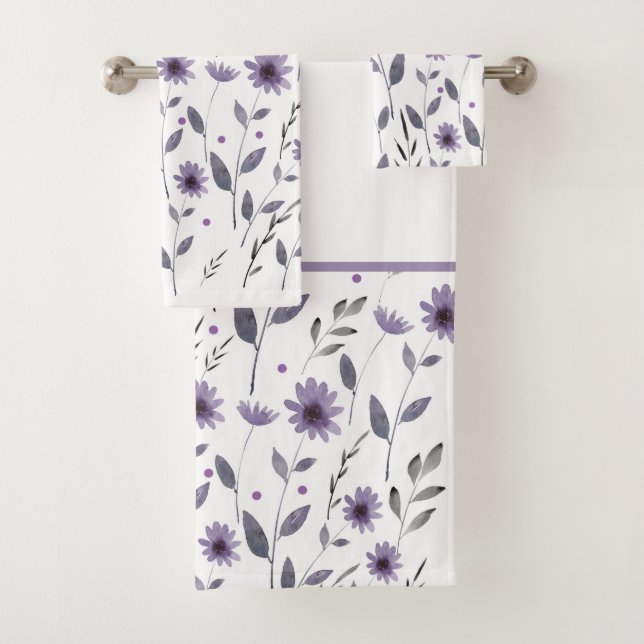 Purple Watercolor Daisy Floral Motif  Bath Towel Set (Insitu)