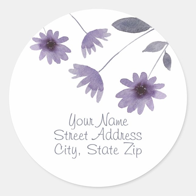 Purple Watercolor Daisy Stems Classic Round Sticker (Front)