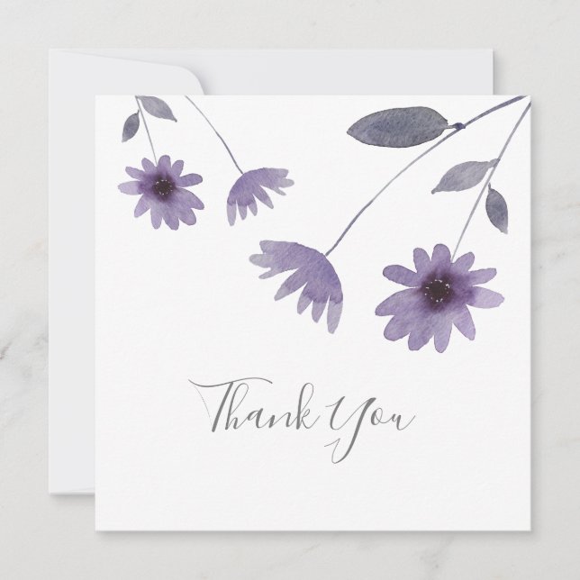 Purple Watercolor Daisy Stems Thank You Card (Front)