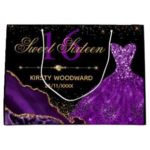 Purple Watercolor Dress & glitter agate Sweet 16 Large Gift Bag
