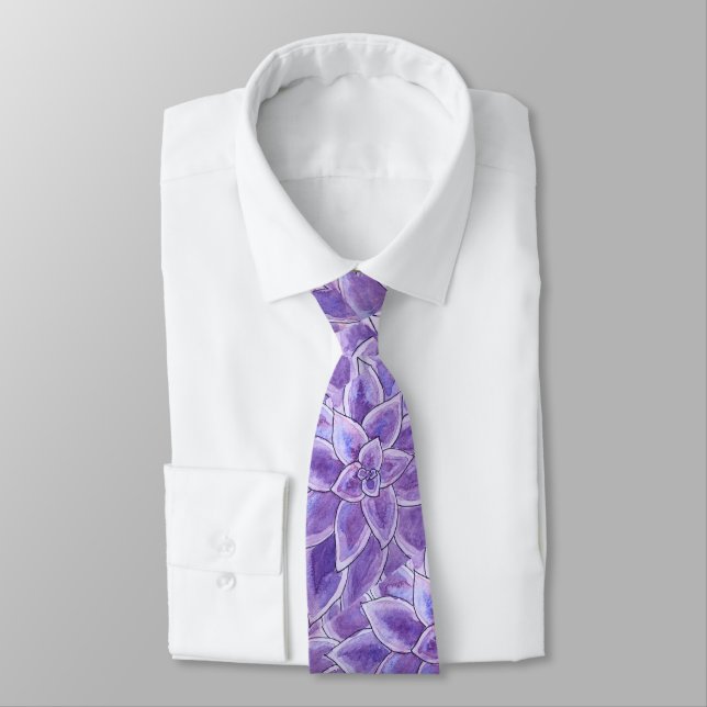 Purple Watercolor Echeveria Succulent Tie (Tied)