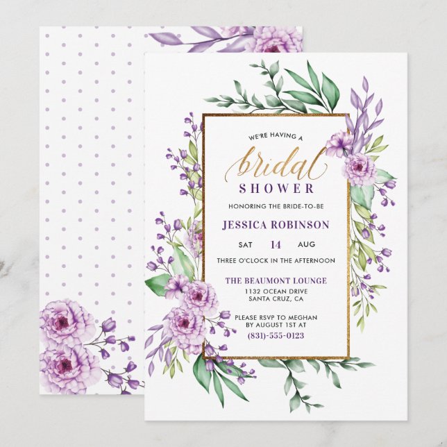 Purple Watercolor & Elegant Script Bridal Shower Invitation (Front/Back)
