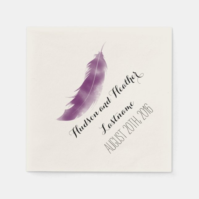 Purple Watercolor Feather Wedding Napkins (Front)