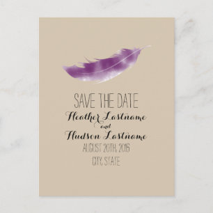 Purple Watercolor Feather Wedding Save The Date Announcement Postcard