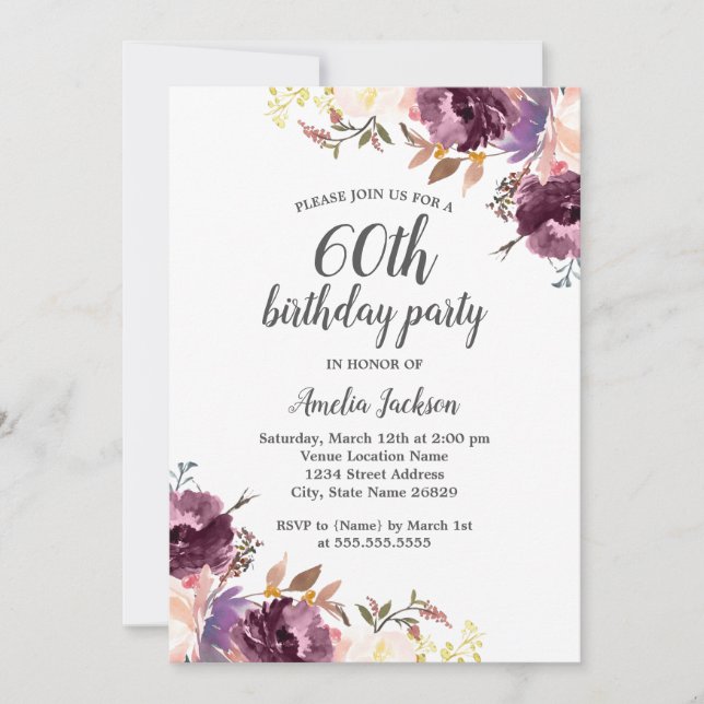 Purple Watercolor Floral 60th Birthday Party Invitation (Front)