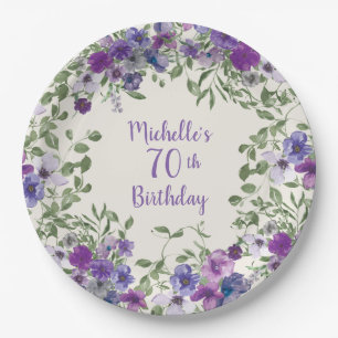 Purple Watercolor Floral 70th Birthday Paper Plate