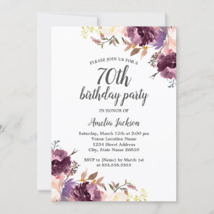Purple Watercolor Floral 70th Birthday Party Invitation