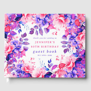 Purple Watercolor Floral 80th Birthday Guest Book