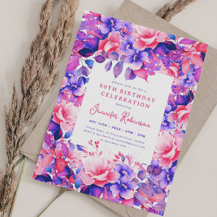Purple Watercolor Floral 80th Birthday Party Invitation