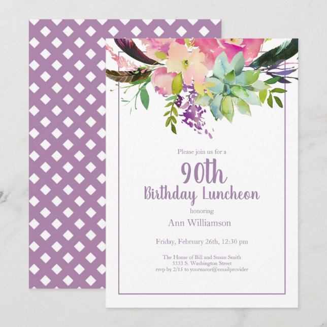 Purple Watercolor Floral 90th Birthday Invitation (Front/Back)