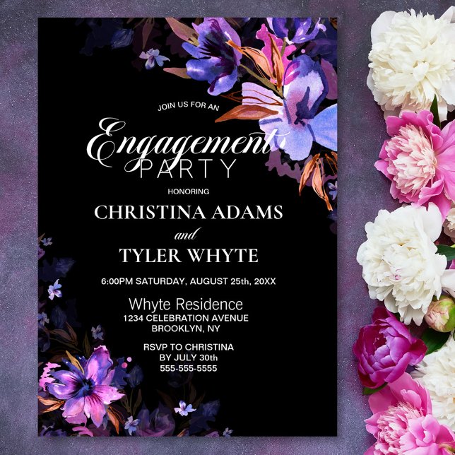 Purple Watercolor Floral Black Engagement Party Invitation (Creator Uploaded)