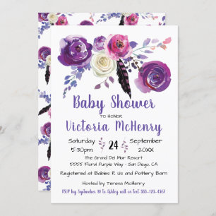 Purple watercolor Floral Boho BabyShower Invitation