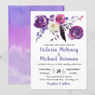 Purple watercolor Floral Boho wedding invitations