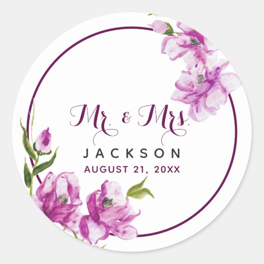 Purple Watercolor Floral Border | Mr & Mrs Classic Round ...