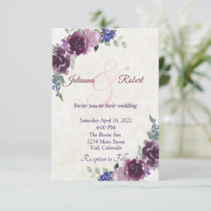 Purple watercolor floral budget wedding invitation