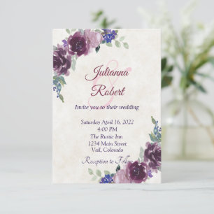 Purple watercolor floral budget wedding invitation