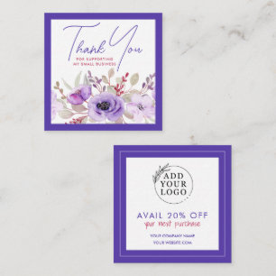 Purple Watercolor Floral Business Logo Discount    Square Business Card