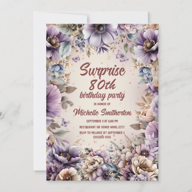 Purple Watercolor Floral Butterflies Surprise 80th Invitation (Front)