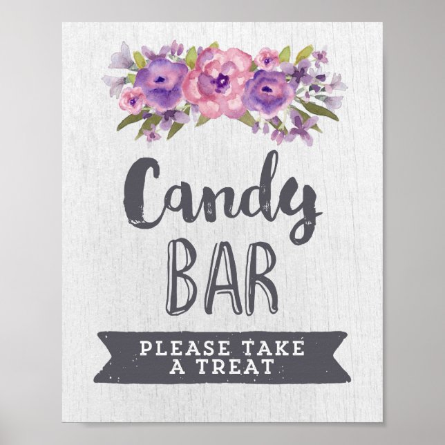 Purple Watercolor Floral Candy Bar Wedding Sign (Front)