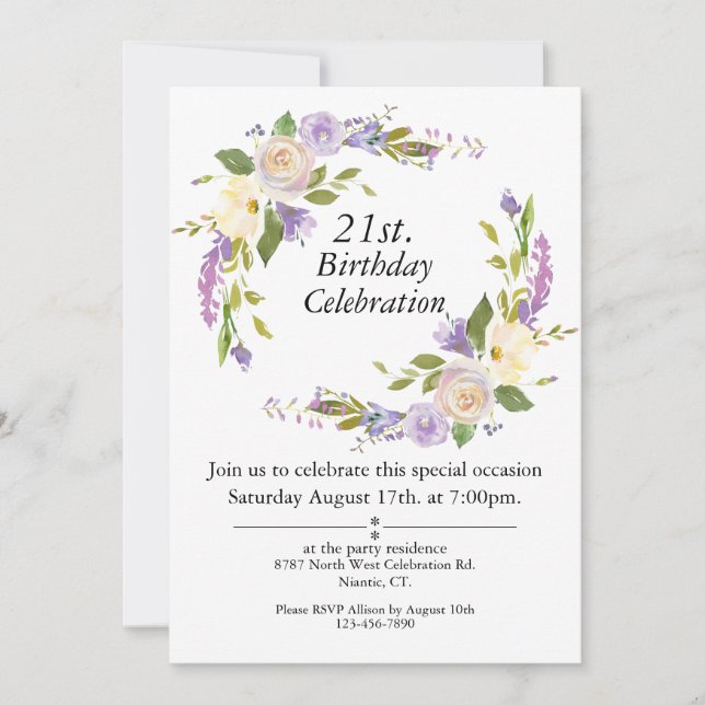 Purple Watercolor Floral Customizable 21 Birthday  Invitation (Front)