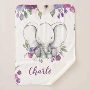 Purple Watercolor Floral Elephant Personalized Sherpa Blanket