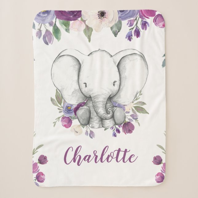 Purple Watercolor Floral Elephant Personalized Sherpa Blanket (Front)