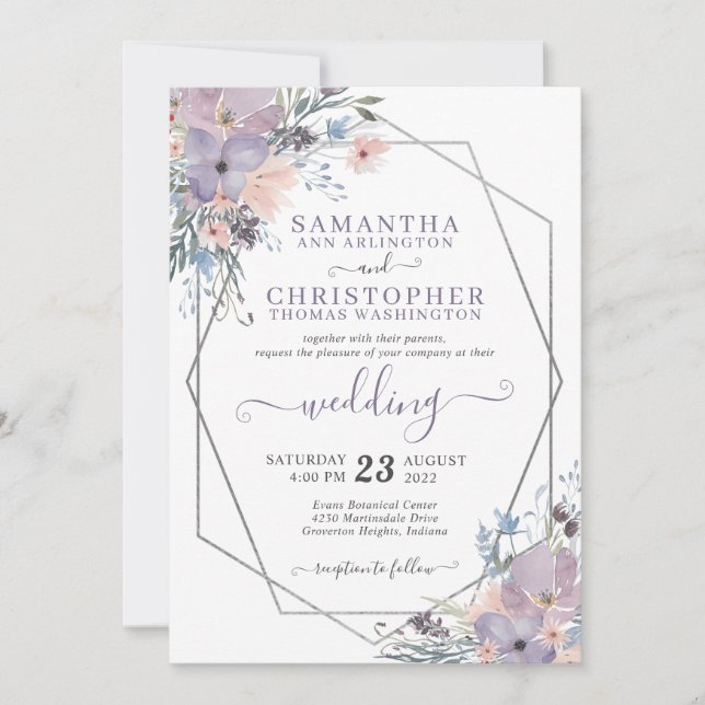 Purple Watercolor Floral Geometric Wedding Invitation (Front)