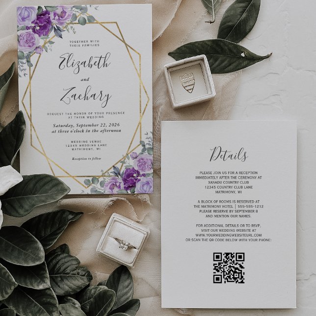 Purple Watercolor Floral Gold QR Code Wedding Invitation (Creator Uploaded)