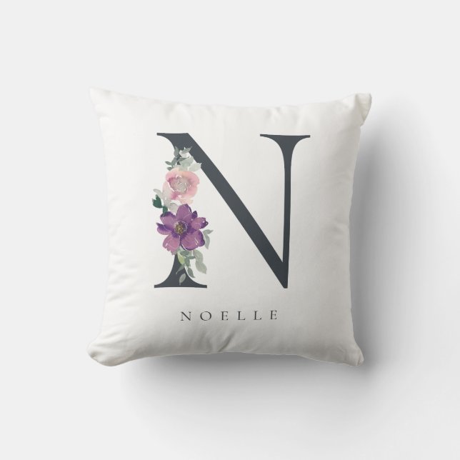 Purple Watercolor Floral Letter N Monogram Throw Pillow (Front)