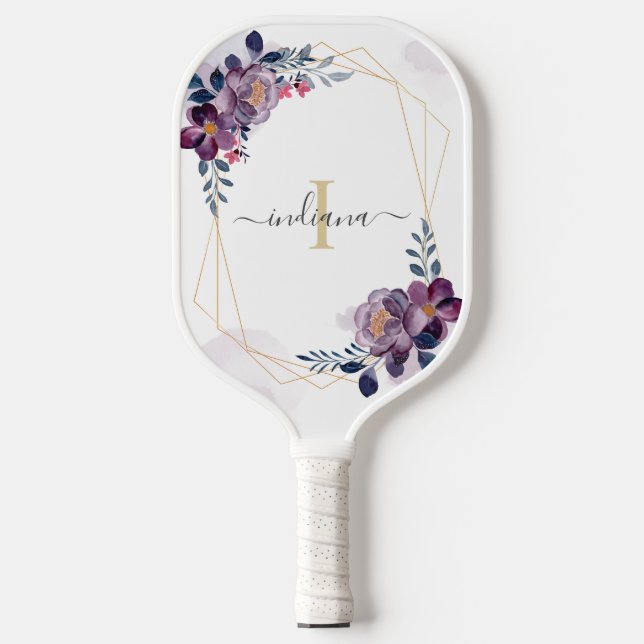 Purple Watercolor Floral Monogram Script Name Pickleball Paddle (Front)