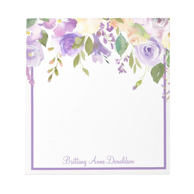 Purple Watercolor Floral Name Personalize Notepad (Front)